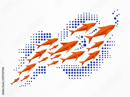 A shoal of stylized orange geometric fish swims upwards in unison, surrounded by a pattern of blue halftone-style dots on a textured white background.