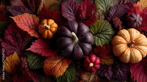 A top-down view of a vibrant autumn harvest featuring miniature pumpkins and colorful fall leaves. The scene is rich with seasonal hues and textures, creating a warm and inviting display