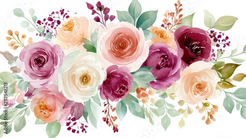 Watercolor floral arrangement with roses and eucalyptus leaves in muted tones