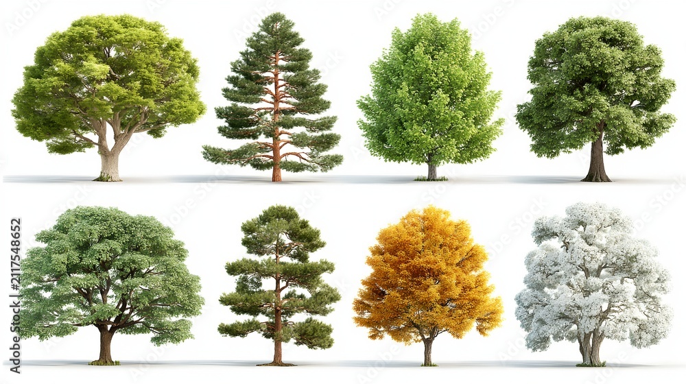 Obraz premium A collection of eight diverse trees, each representing a different season, from lush green summer foliage to autumnal colors and winter snow