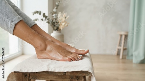 Close up of a woman's feet with light blue nail polish resting on a white cloth