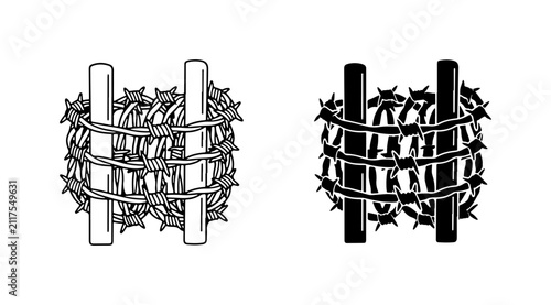 Картината върху платно Barbed Wire Fence Section, Rustic Boundary, Security Barrier, Vector Illustratio