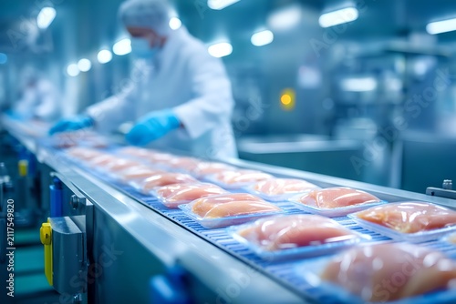 Food processing in a clean, modern facility with packaged chicken breasts moving along a conveyor belt, overseen by a worker in protective gear