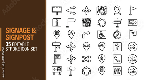 Minimalist stroke signage icons featuring arrows, pins, flags, road signs, accessibility markers, communication symbols, question marks, phones, information.
