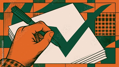 Hand draws a large green checkmark on white paper with a marker.