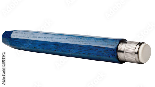 Fotografie Blue wooden hexagonal pencil with metal ferrule and white eraser, isolated on tr