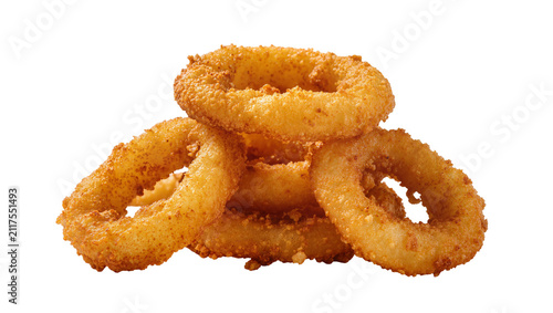 Canvastavla Golden crispy fried onion rings stacked, isolated on transparent background