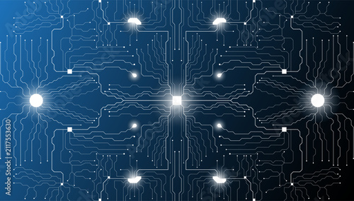 Abstract Technology Circuit Board Background with Glowing PCB Lines, Digital Network Connection, Motherboard Pattern, Futuristic Electronic Circuit, Blue Tech Vector Illustration