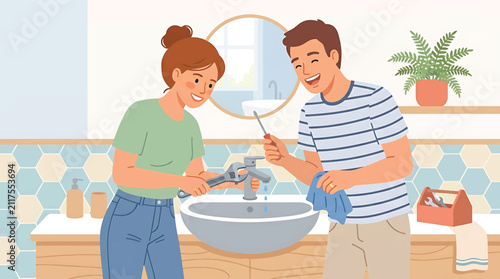 Young couple repairing bathroom sink faucet, happy man and woman fixing plumbing leak with wrench, home renovation and DIY maintenance vector illustration