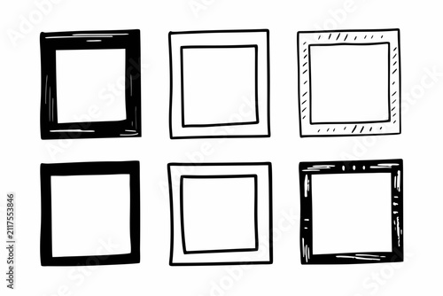 Set of ink grunge square frames for creative design. Artistic empty photo borders for digital projects and artwork.