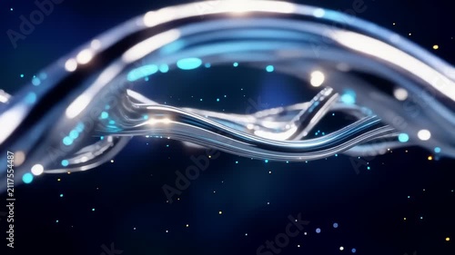 Abstract flowing metallic liquid wave with glowing blue particles and bokeh lights on a dark background