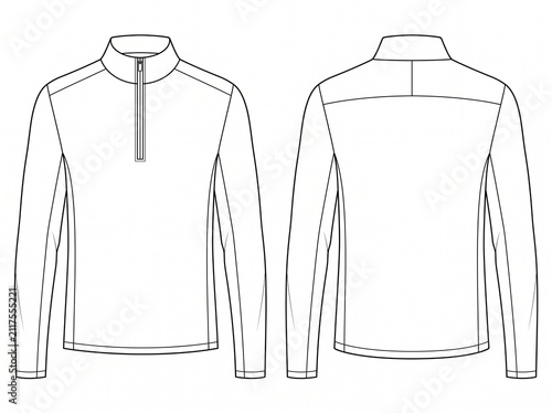 Men quarter zip pullover long sleeve athletic shirt technical fashion CAD drawing featuring stand collar and front zipper