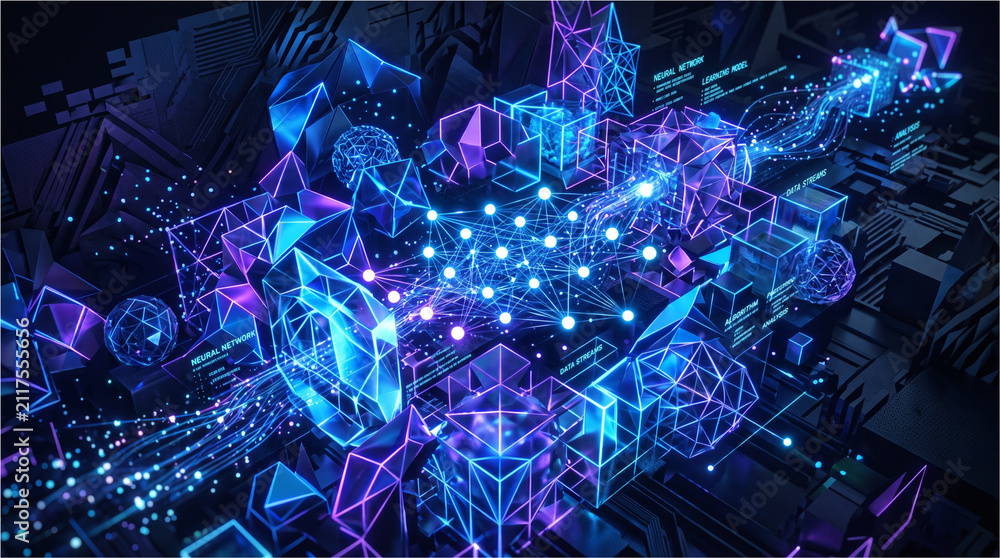 Naklejka premium Abstract digital network connection. Futuristic data flow with glowing neon geometric shapes.