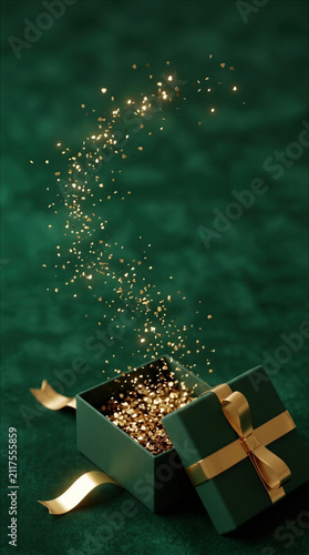 Magical Christmas banner with open green gift box and golden sparkles on luxury velvet background