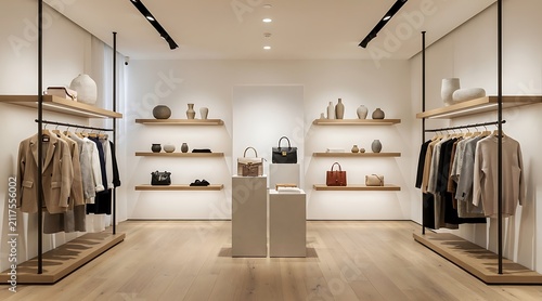 Modern retail store interior with clothing racks and display shelves.