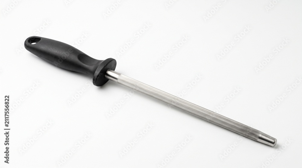 Fototapeta premium Butcher sharpening steel on white background. Professional knife honing rod for kitchen.