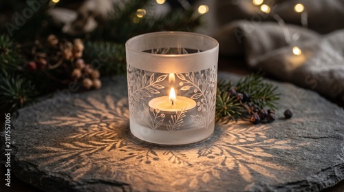 Frosted glass tealight holder with candle. Christmas festive decor with glowing light.