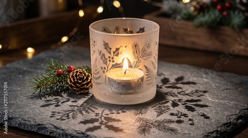 Frosted glass tealight holder with candle. Christmas decor with holly and pine cone.
