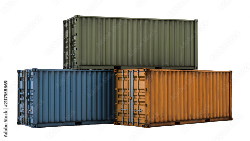 Fototapeta premium Three stacked shipping containers in blue orange and green, isolated on transparent background