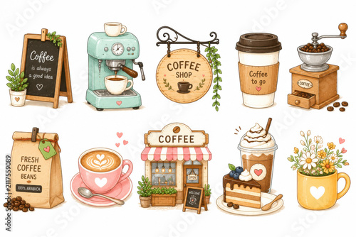 Cute Coffee Shop Clipart Collection with Espresso Machine, Latte, Coffee Beans and Cozy Cafe Elements