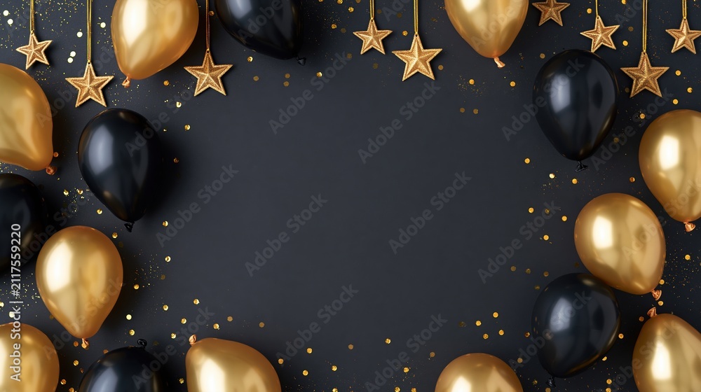 Obraz premium The Glamorous Gold and Black Balloons Framing Celebration Border with Stars