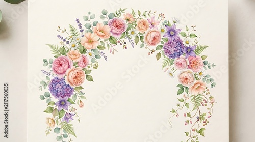 Watercolor floral arch frame with roses and hydrangeas