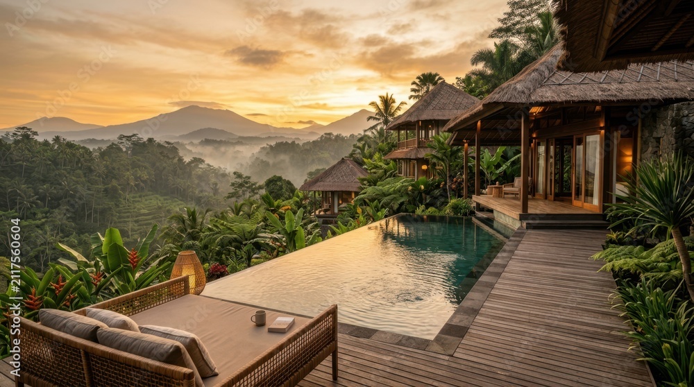 Fototapeta premium Luxury jungle resort with infinity pool at sunrise overlooking misty mountains and rice terraces