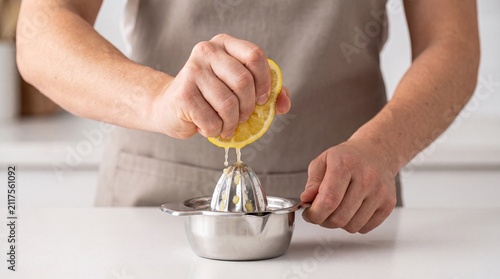Man squeezing fresh lemon juice using metal citrus juicer  