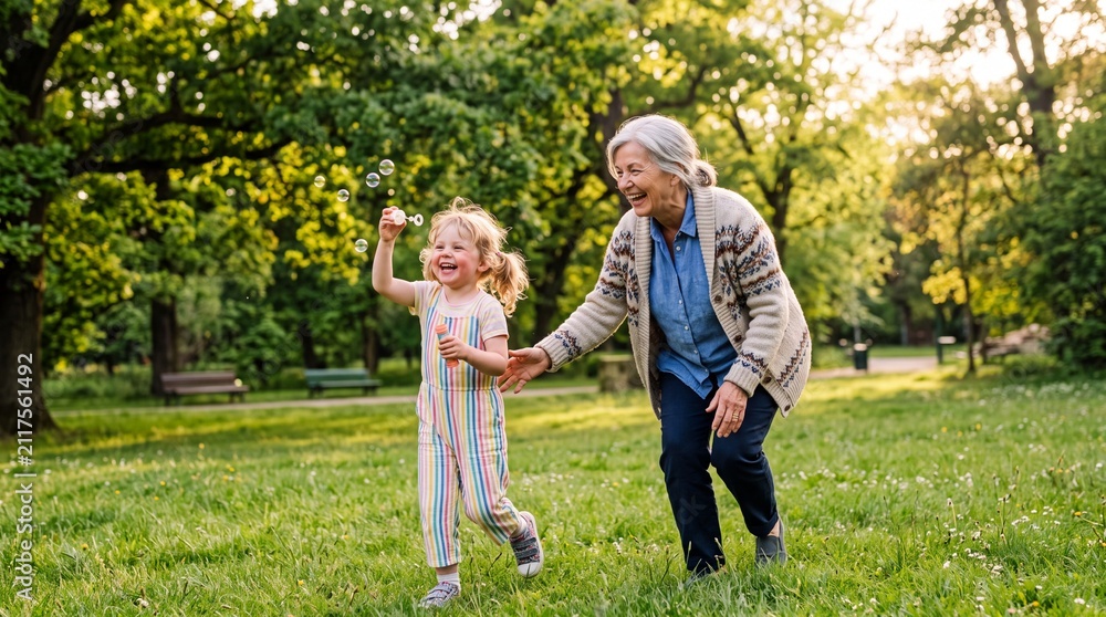 Fototapeta premium Happy grandmother and granddaughter playing with bubbles in the park