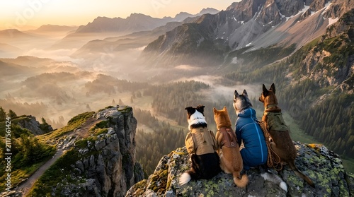 Dog Expedition Team Overlooking Vast Mountain Valley