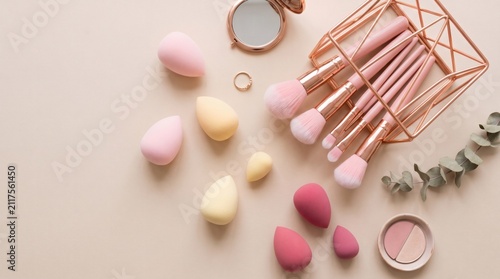 Aesthetic flat lay of makeup brushes, sponges, and compact powder on a neutral background.