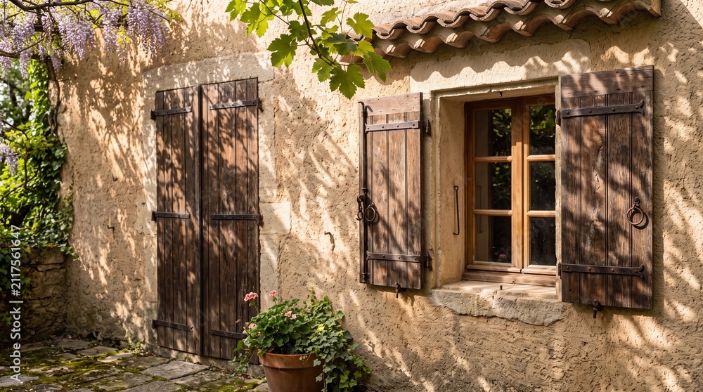Fototapeta premium Rustic stone house facade with wooden shutters and blooming wisteria