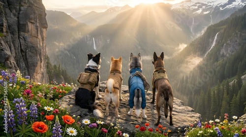 Expedition Dogs on Rocky Outcrop with Wildflowers