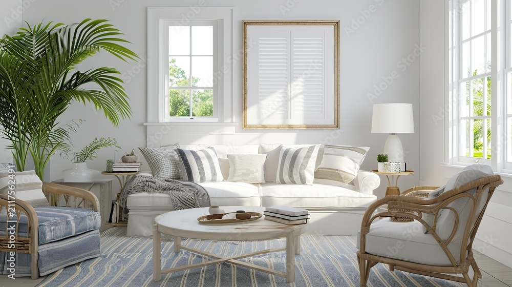 Fototapeta premium Bright Scandinavian-style Living Room with White Walls, Large Windows, and Wicker Furniture Arrangement
