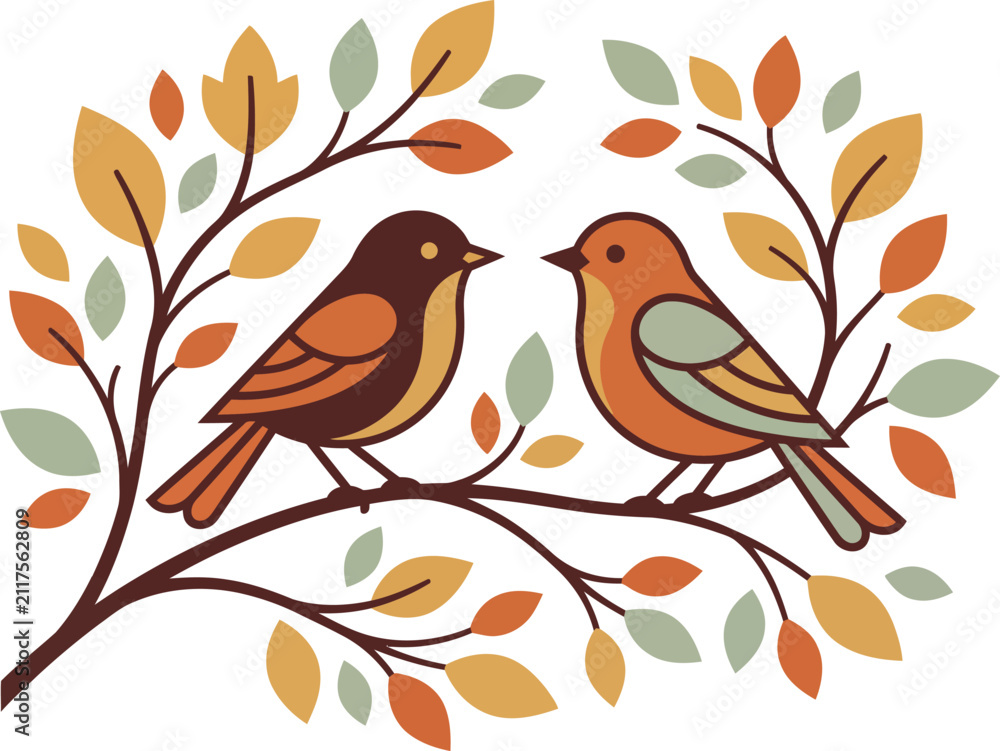 Fototapeta premium Two cute birds perched on a curved tree branch surrounded by colorful autumn leaves in a fall season illustration