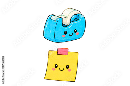 Tape dispenser and sticky note are depicted as adorable cartoon characters to add a friendly touch to office supplies.
