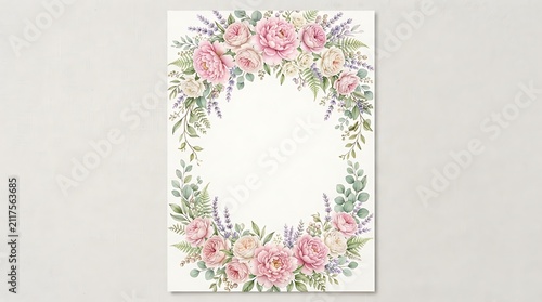 Watercolor floral frame with pink peonies and lavender isolated on white background