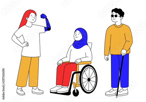 Diverse group with disabilities: a woman with a bionic prosthetic arm, a woman in a hijab in a wheelchair, and a blind man with a white cane. Vector illustration representing inclusion