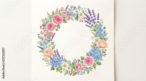 Watercolor floral wreath with roses, hydrangeas, and lavender isolated on white background