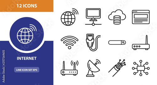 12 Internet icons linear icon set, network devices, cloud storage, UI and web interface design