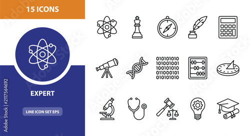 15 Science and Education linear icon set atom, telescope, microscope, graduation cap, UI and web interface design