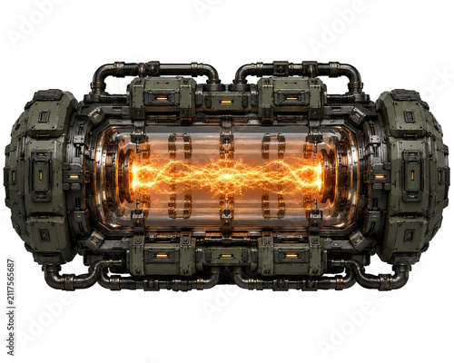 Futuristic plasma generator isolated on transparent background with industrial hard surface design, glowing energy core and realistic sci fi technology