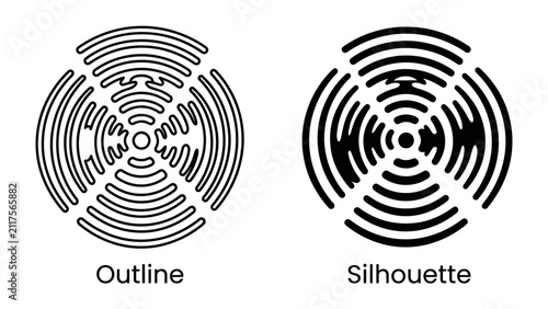 Foto Concentric Circle Patterns: A comparative illustration showcasing two distinct representations of concentric circles, one in outline and the other as a solid silhouette