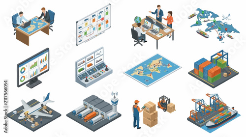 Isometric illustration of diverse business and technology concepts.