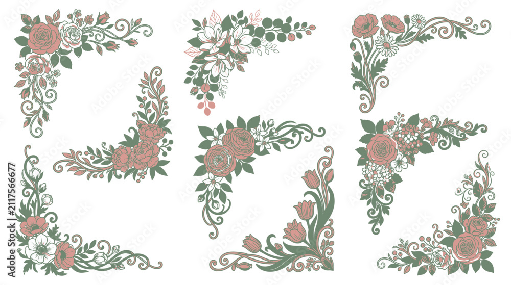 Fototapeta premium Floral Corner Ornaments Set - Vintage Botanical Design Elements