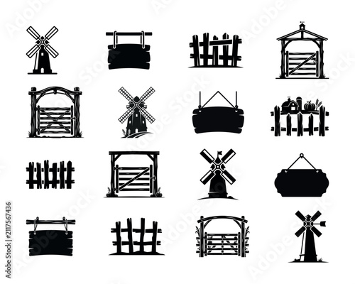 Rustic Farm Windmill Fence Gate Wooden Sign Silhouette Icon Set Vector