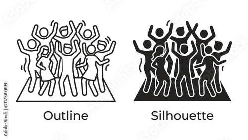 Crowd Celebration Icons: Two distinct graphic representations, one an outline and the other a silhouette, depict a joyous crowd of people with arms raised in celebration.