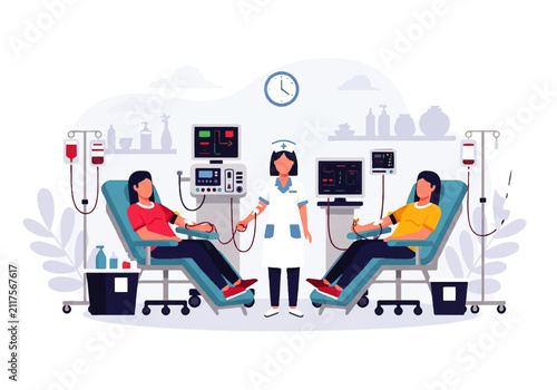 Canvastavla Vector flat design illustration of a nurse supervising two patients donating blo