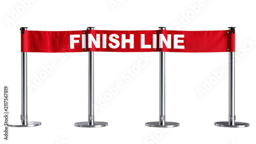 Fotografía Red fabric finish line banner with white text supported by metal stanchions, iso