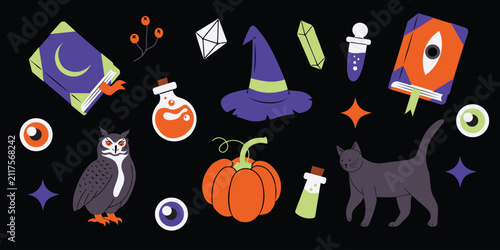 Whimsical hand drawn Halloween clipart collection featuring magical books, witch hat, potion bottles, crystals, pumpkin, owl, black cat and spooky eyes. Cute flat vector illustrations.